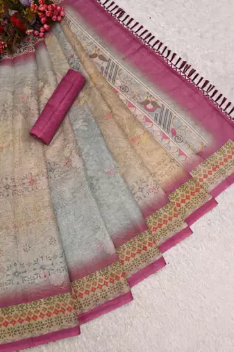 sea green pink shimmer handloom cotton blend digital print saree