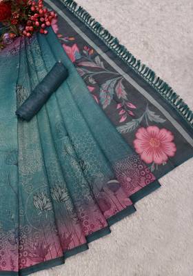 turquoise pink shimmer handloom cotton blend saree floral print 4