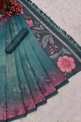 turquoise pink shimmer handloom cotton blend saree floral print