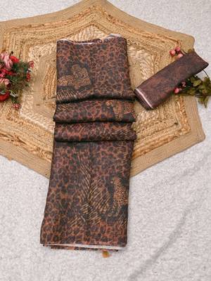 brown shimmer handloom cotton blend saree with floral print 1