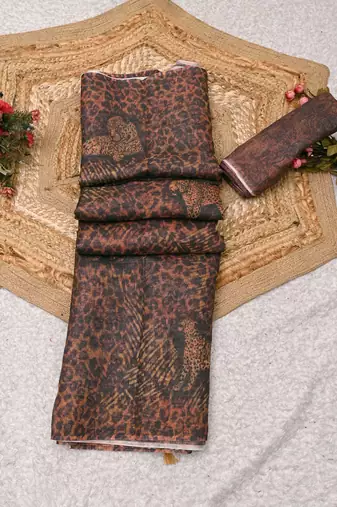 brown shimmer handloom cotton blend saree with floral print