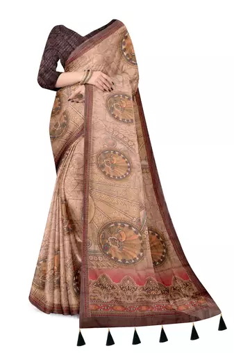 beige shimmer handloom cotton blend saree with floral print