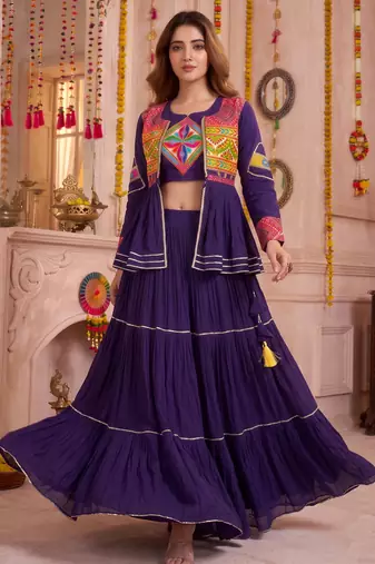 Purple Cotton Mirror & Gamthi Work Lehenga Choli Set