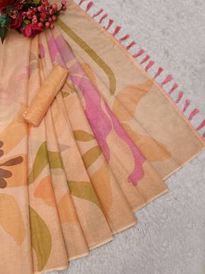 peach pink shimmer handloom cotton blend saree floral print 4