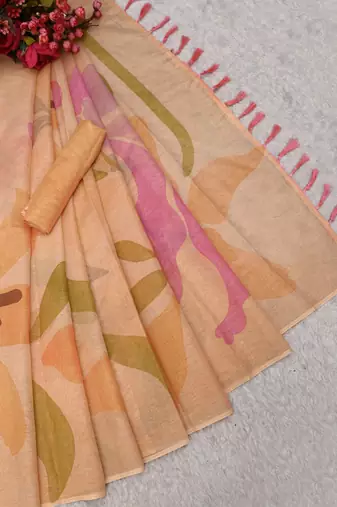 peach pink shimmer handloom cotton blend saree floral print