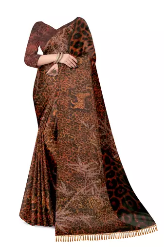 brown shimmer handloom cotton blend saree with floral print