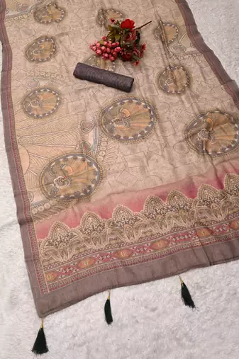 beige shimmer handloom cotton blend saree with floral print