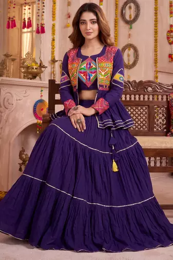 Purple Cotton Mirror & Gamthi Work Lehenga Choli Set