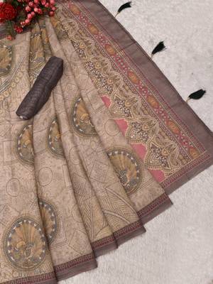 beige shimmer handloom cotton blend saree with floral print (t sfshmr29) 4