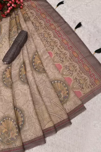 beige shimmer handloom cotton blend saree with floral print