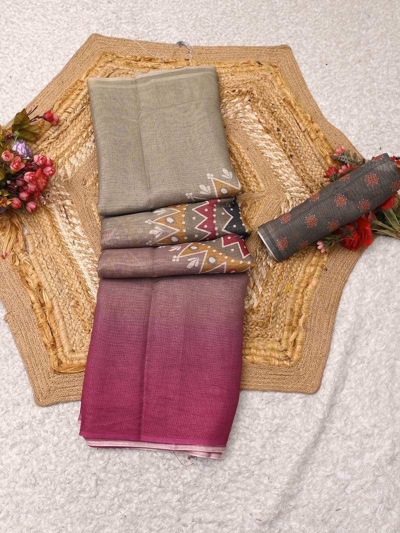 grey pink shimmer handloom cotton blend digital print saree