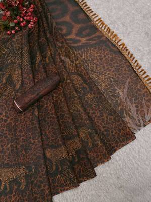 brown shimmer handloom cotton blend saree with floral print 4