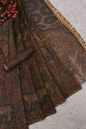 brown shimmer handloom cotton blend saree with floral print