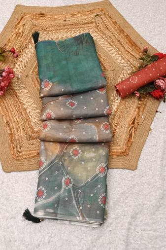 teal shimmer handloom cotton blend saree floral print