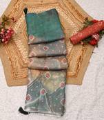 teal shimmer handloom cotton blend saree floral print