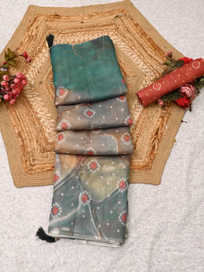 teal shimmer handloom cotton blend saree floral print