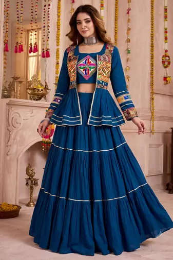 Teal Cotton Mirror & Gamthi Work Lehenga Choli Set