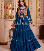 Teal Cotton Mirror & Gamthi Work Lehenga Choli Set