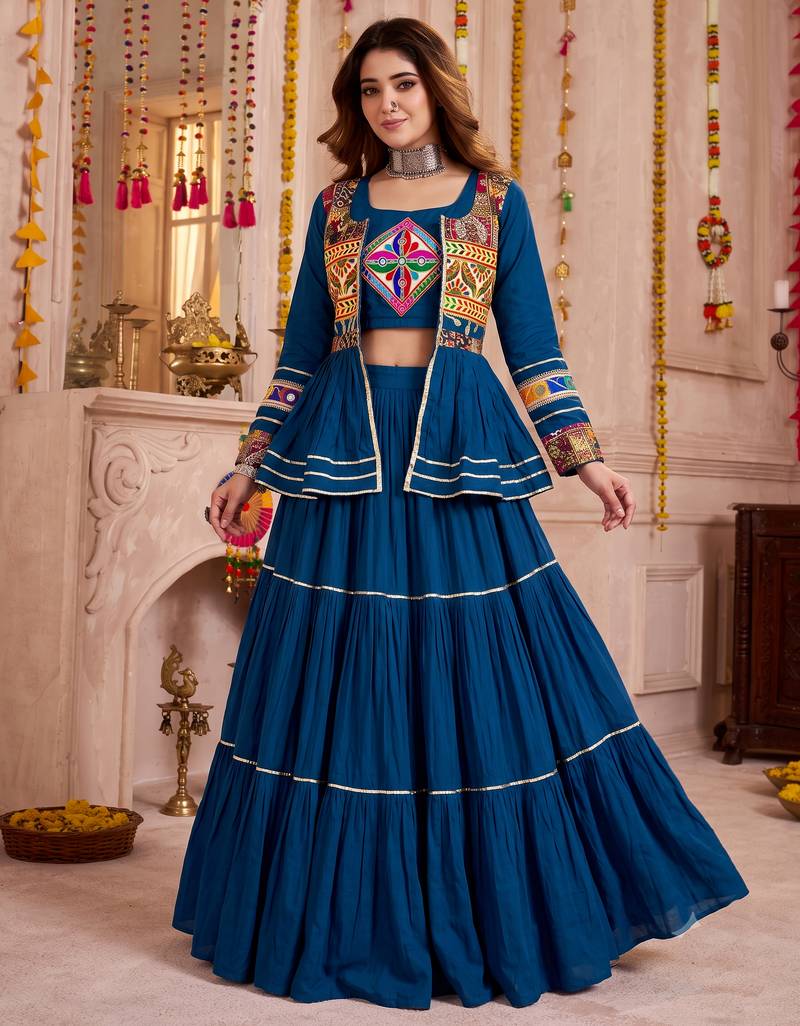 Teal Cotton Mirror & Gamthi Work Lehenga Choli Set