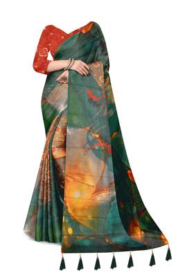 teal shimmer handloom cotton blend saree floral print 2