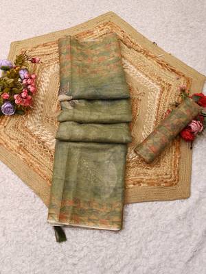 olive green shimmer handloom cotton blend saree floral print 1