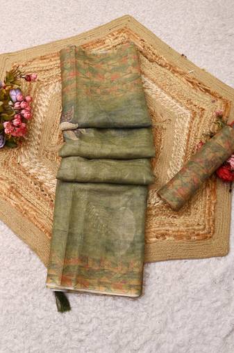 olive green shimmer handloom cotton blend saree floral print