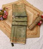 olive green shimmer handloom cotton blend saree floral print