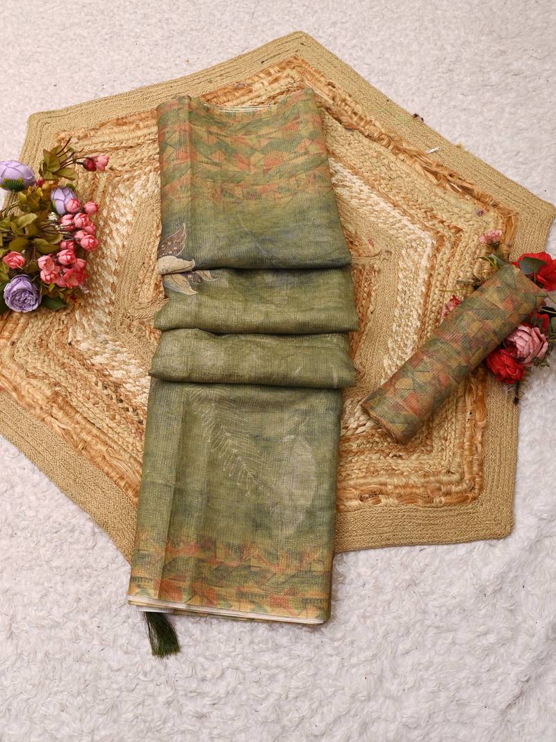 olive green shimmer handloom cotton blend saree floral print (t sfshmr22)