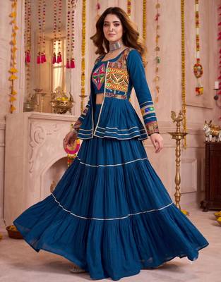 Teal Cotton Mirror & Gamthi Work Lehenga Choli Set 2
