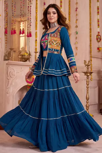 Teal Cotton Mirror & Gamthi Work Lehenga Choli Set