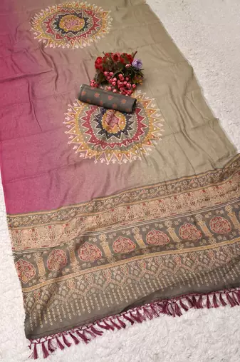 grey pink shimmer handloom cotton blend digital print saree