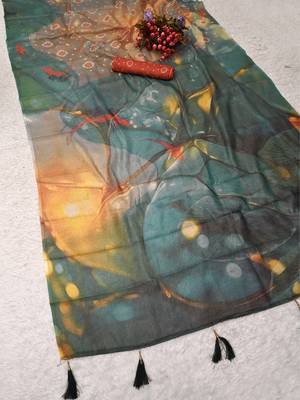 teal shimmer handloom cotton blend saree floral print 3
