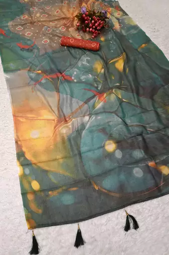 teal shimmer handloom cotton blend saree floral print