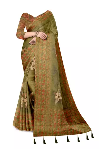 olive green shimmer handloom cotton blend saree floral print
