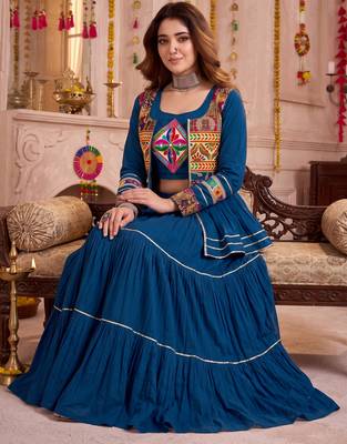 Teal Cotton Mirror & Gamthi Work Lehenga Choli Set 3