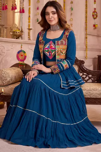 Teal Cotton Mirror & Gamthi Work Lehenga Choli Set