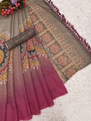 grey pink shimmer handloom cotton blend digital print saree 4