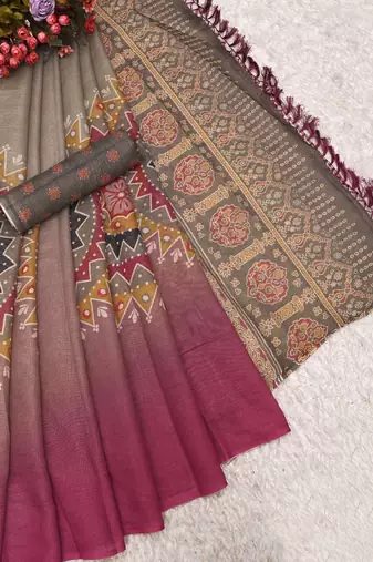 grey pink shimmer handloom cotton blend digital print saree