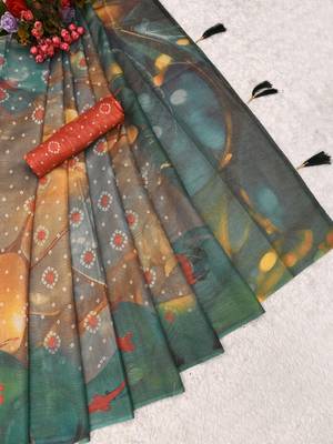 teal shimmer handloom cotton blend saree floral print 4