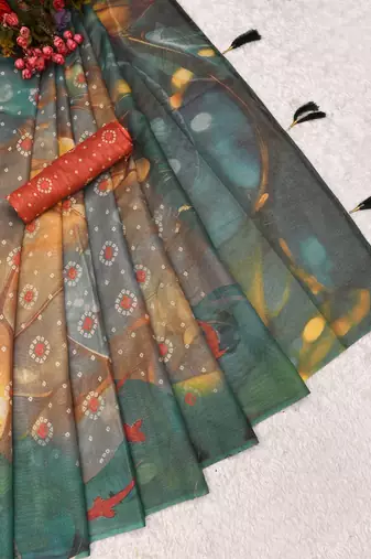 teal shimmer handloom cotton blend saree floral print