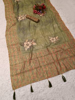 olive green shimmer handloom cotton blend saree floral print 3