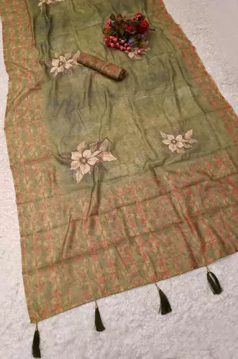 olive green shimmer handloom cotton blend saree floral print