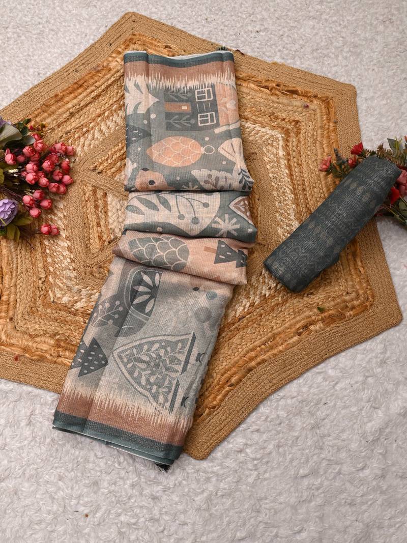 sea green peach shimmer handloom cotton blend digital print saree