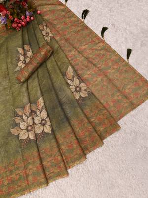 olive green shimmer handloom cotton blend saree floral print 4