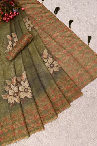 olive green shimmer handloom cotton blend saree floral print