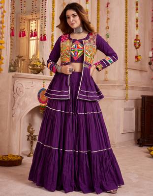Wine Cotton Mirror & Gamthi Work Lehenga Choli Set 1