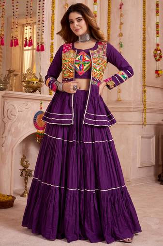 Wine Cotton Mirror & Gamthi Work Lehenga Choli Set