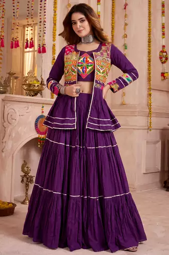 Wine Cotton Mirror & Gamthi Work Lehenga Choli Set