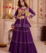 Wine Cotton Mirror & Gamthi Work Lehenga Choli Set
