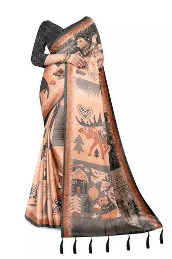 sea green peach shimmer handloom cotton blend digital print saree